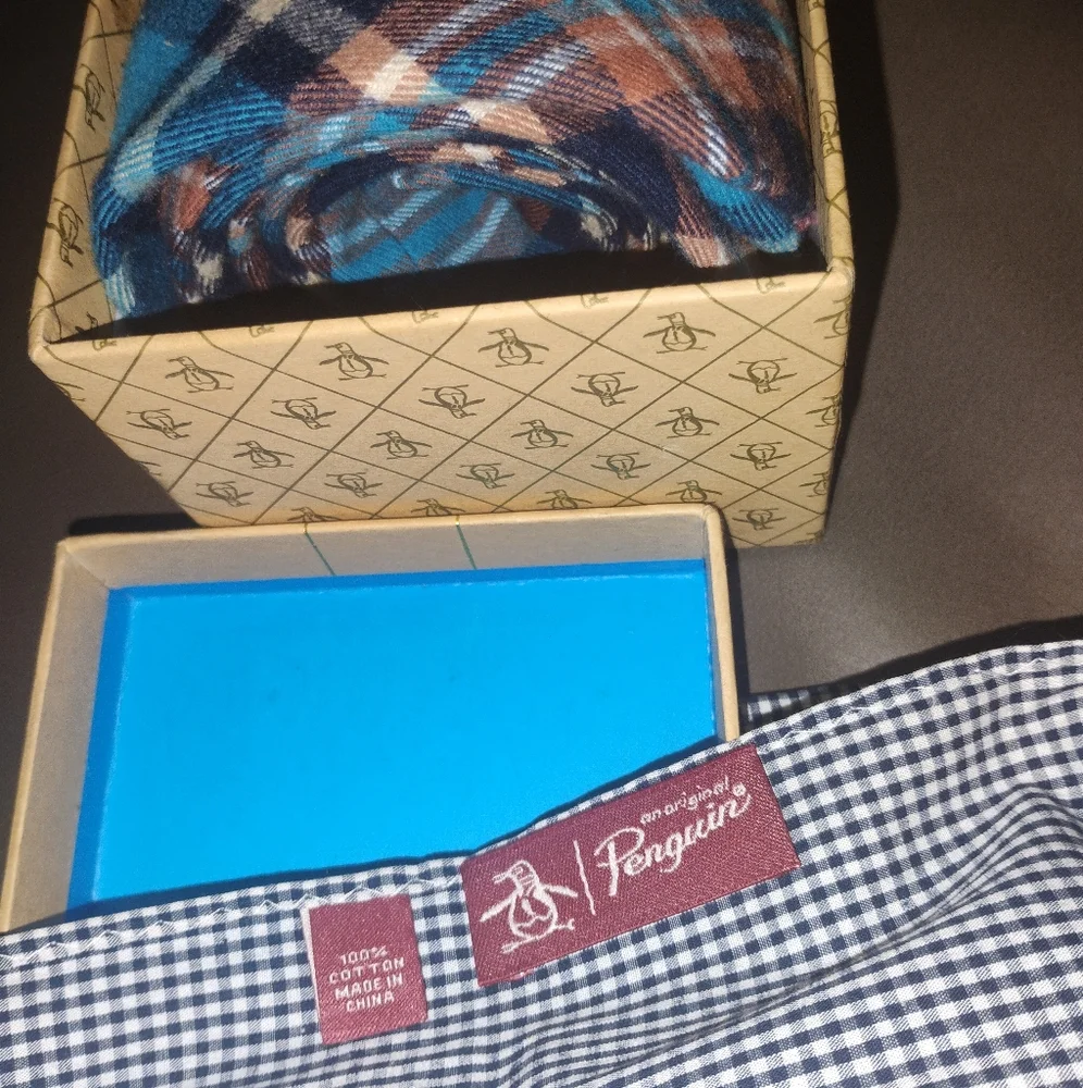 Original Penguin Plaid Tie & Pocket Square on Blue New in Box